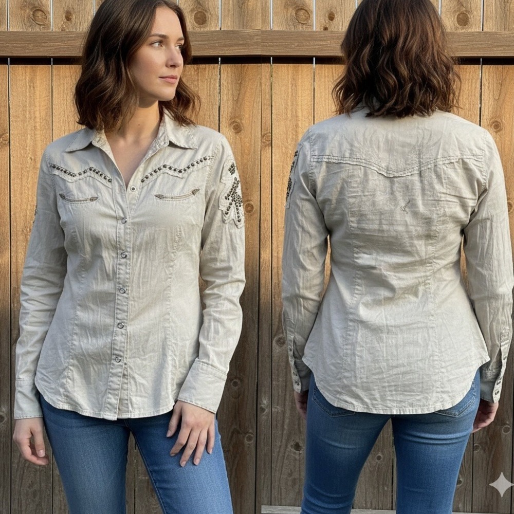 Guess Beige Embellished Western Button-Down Shirt
